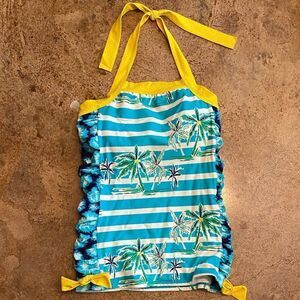 LIME Ricki yellow and aqua tropical striped print halter tankini swim top‎